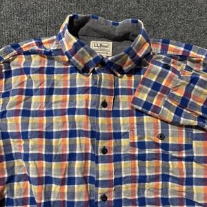 LL Bean Mens Slightly Fitted Flannel Shirt Blue Orange Plaid Medium Regular